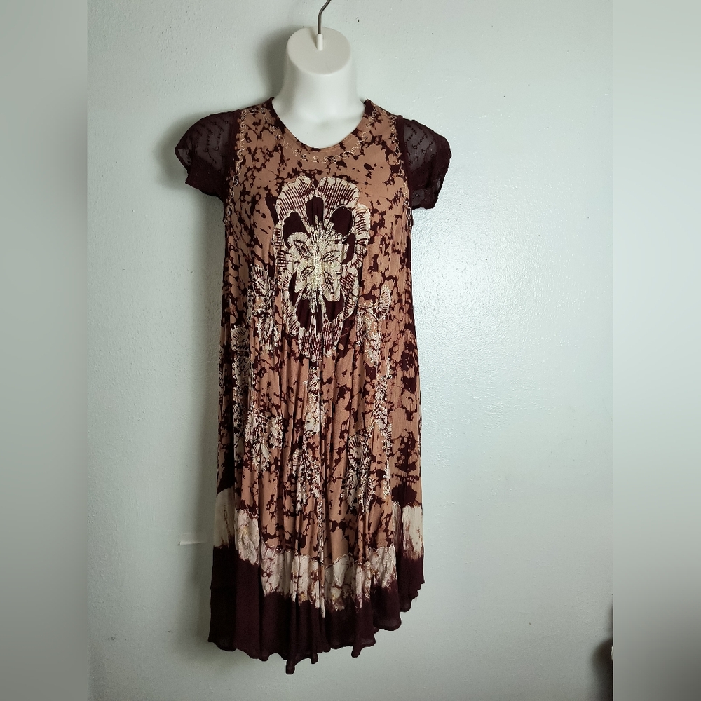 Sakkas Chocolate Brown and Tan High Low Dress One Size Boho Tie Dye Hippie